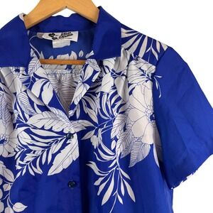 Hilo Hattie Button Shirt Womens Medium Blue Tropical Hawaiian Short Sleeve USA
